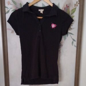 Black Polo Shirt with Pink Heart 🩷Skull☠️ And Cross Bones Patch